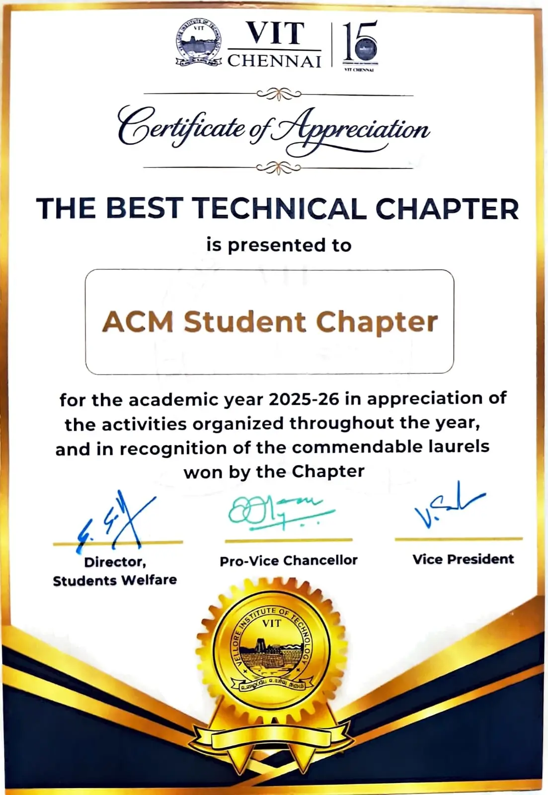 Best Technical Chapter Certificate